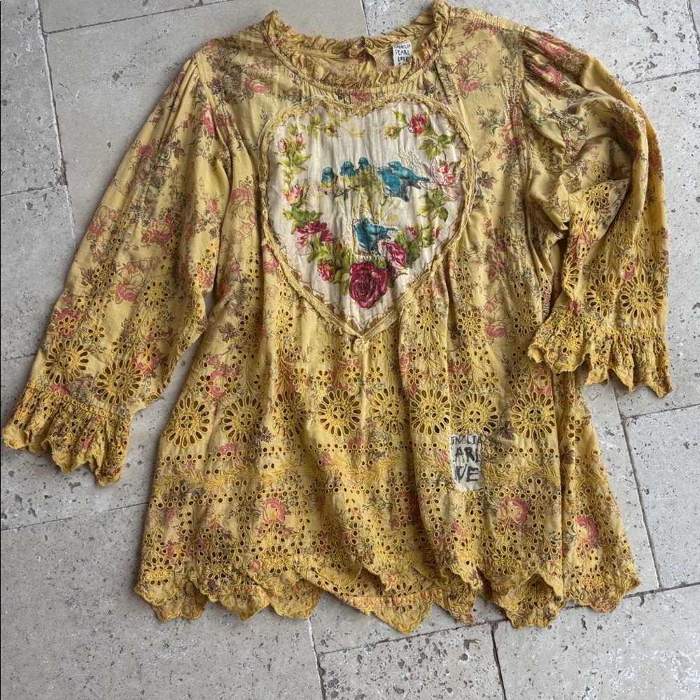 Magnolia Pearl My Sun Yellow Floral Embroidered and eyelet Blouse